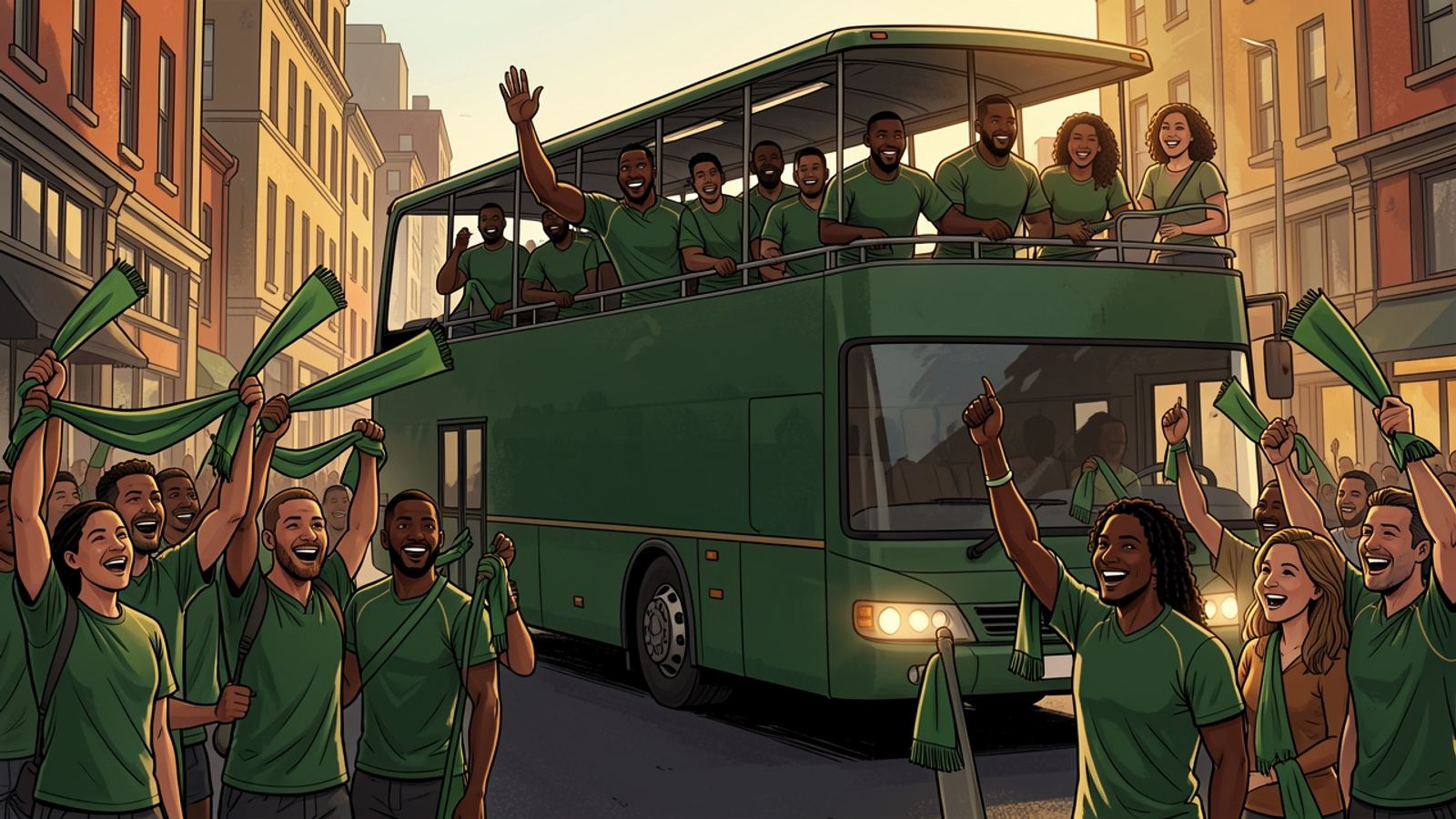 At eleven the street is packed with supporters waving green scarves as the open-top team bus rolls past, players waving from the top deck.