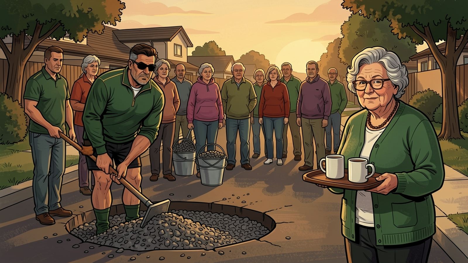 Neighbours of all ages form a line passing buckets of gravel into the pothole. Rassie tamps it flat while Tannie Marietjie arrives with a tray of tea.