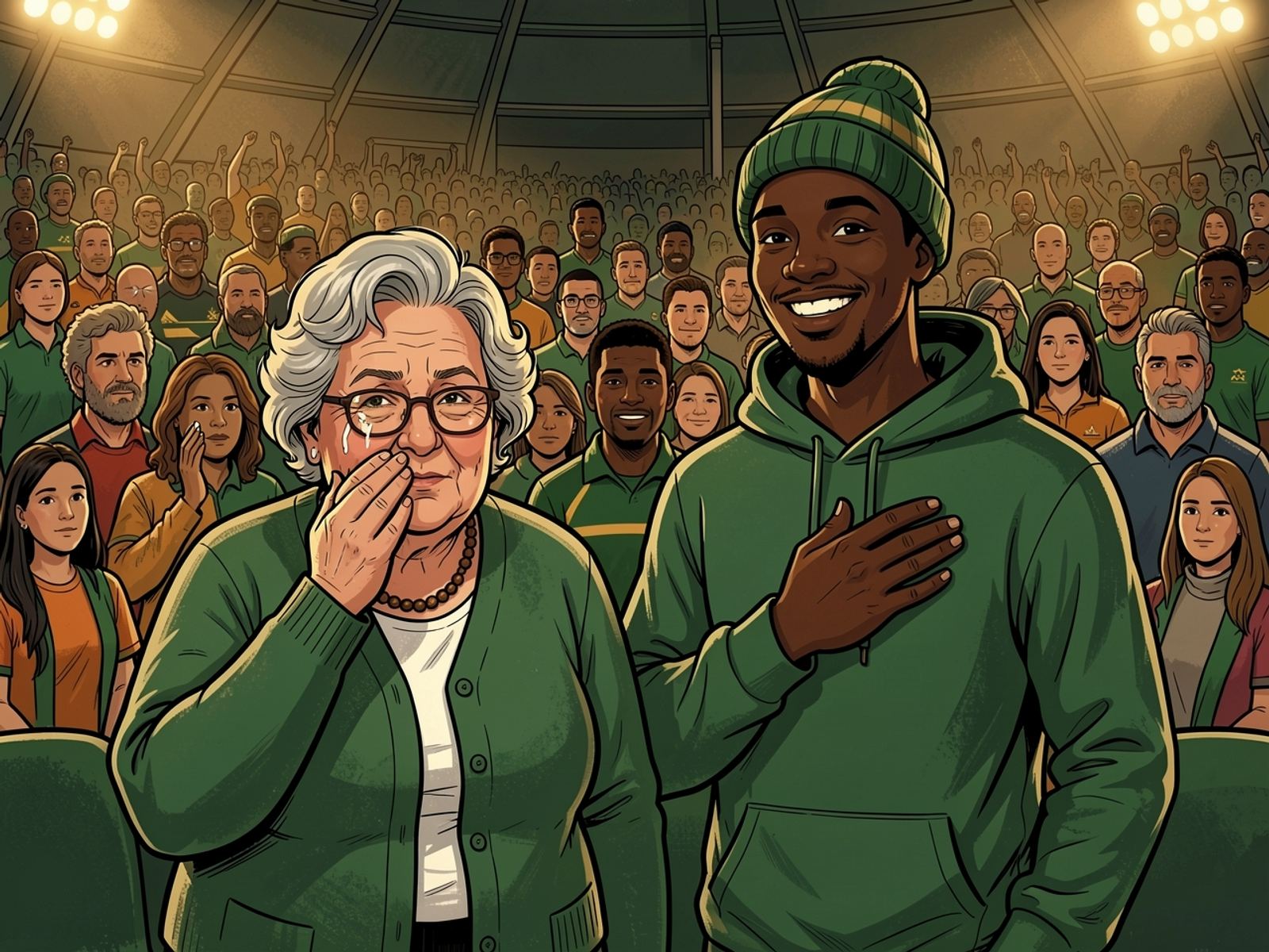 In the stands Tannie Marietjie wipes away a tear while Thabo stands beside her with his hand on his chest.