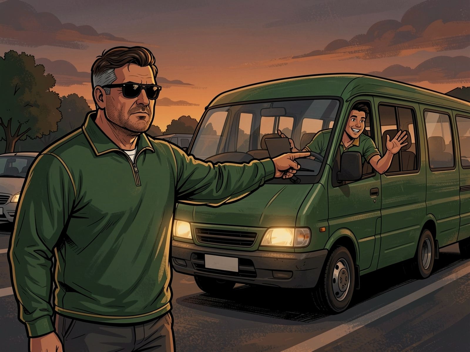 Bra Tshepo’s green minibus taxi has nosed out early. Rassie points one arm straight at it while Bra Tshepo leans out of his window protesting.