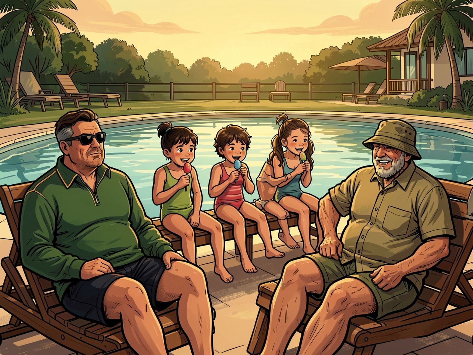 Three grandchildren sit happily in a row on a wooden bench by the pool eating ice lollies, between Rassie and Oom Kallie on their chairs.