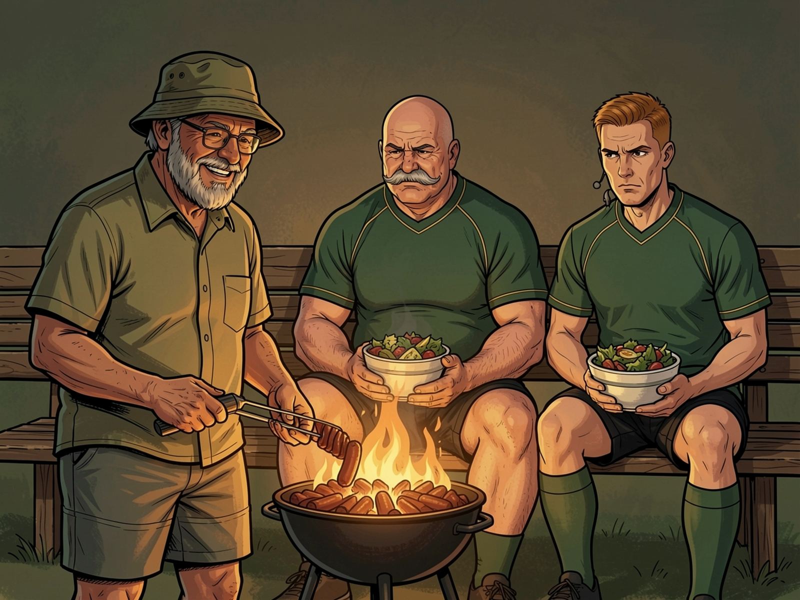 Oom Kallie turns boerewors over glowing coals while the three coaches sit side by side on a bench holding salad bowls.