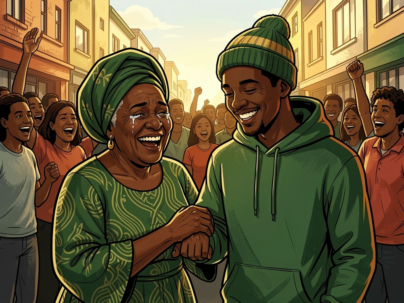 Gogo Nomsa grips Thabo’s arm with happy tears in her eyes while Thabo laughs.