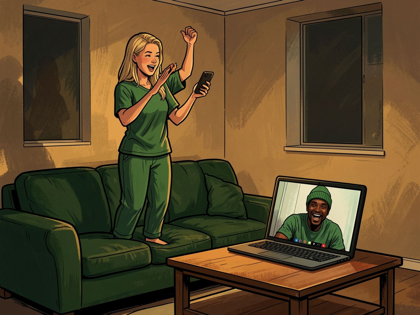 Late at night in a small flat, a young woman in a green jersey stands on her couch cheering at her phone, while Thabo cheers on a video call on her laptop.