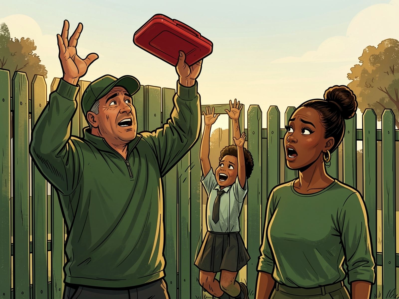 At the school fence Rassie throws a lunchbox in a high arc to a child with arms raised. Lerato watches, mouth open.