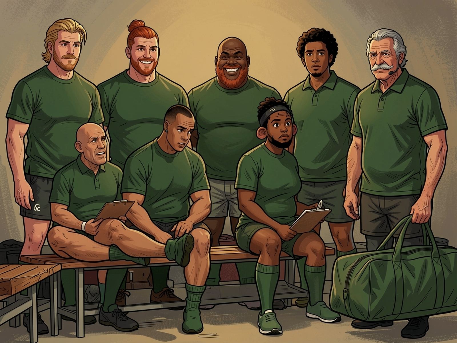 The bald Bomb Squad prop sits calmly on the changing-room bench among his teammates, one foot bundled in socks, while the Kit Manager stares at him.