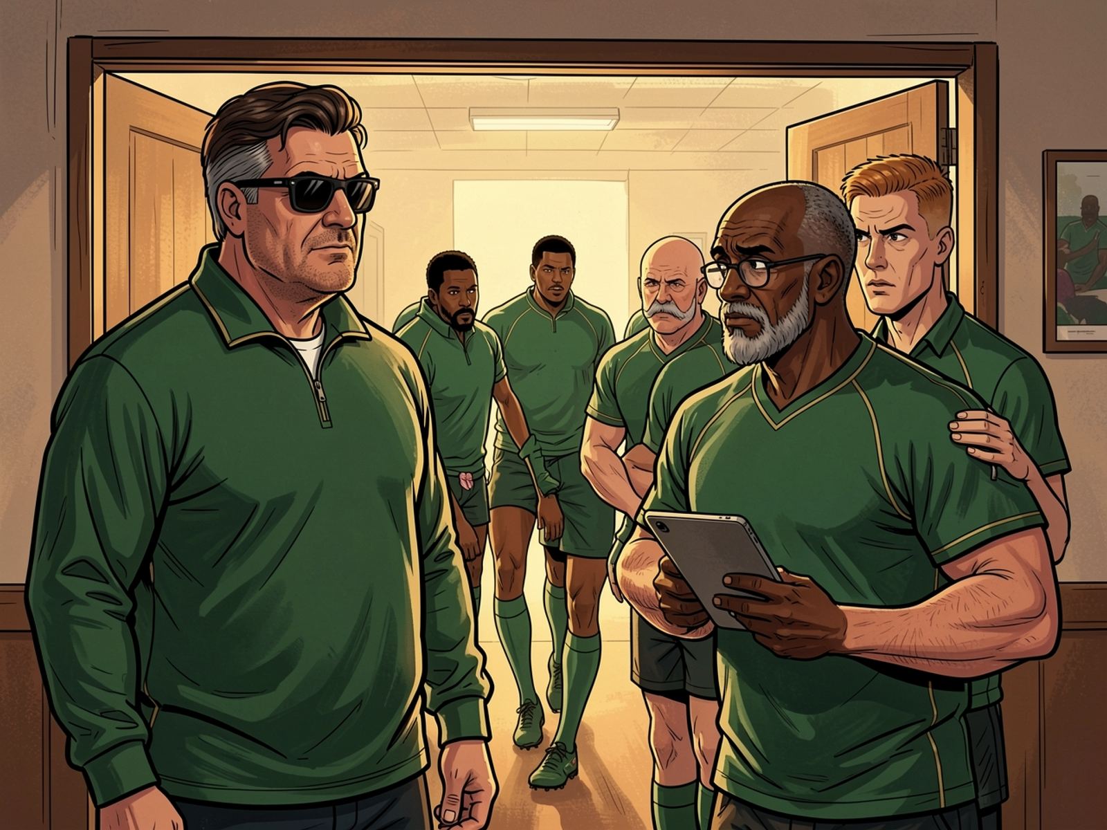 Players stride out of the room behind Rassie, who turns calmly to the Attack Coach holding his tablet.