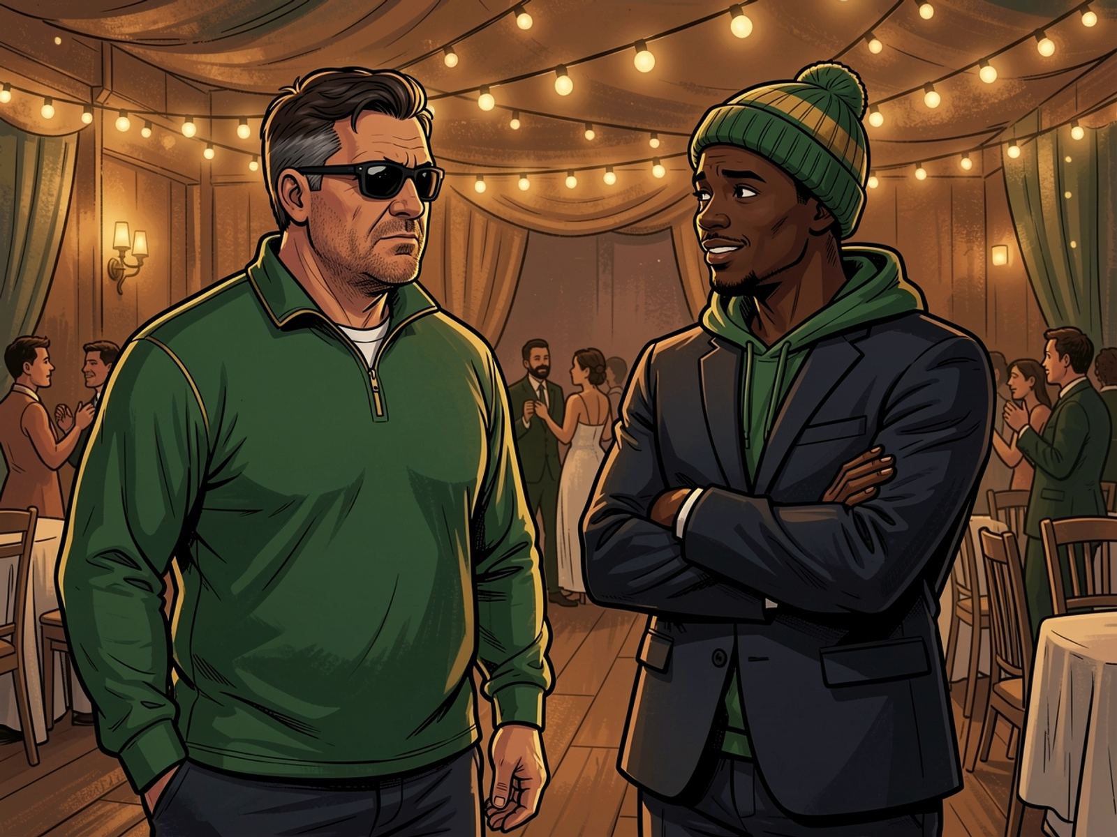 At the edge of the dance floor Thabo, in a blazer and his beanie, turns to Rassie, who stands calmly beside him.