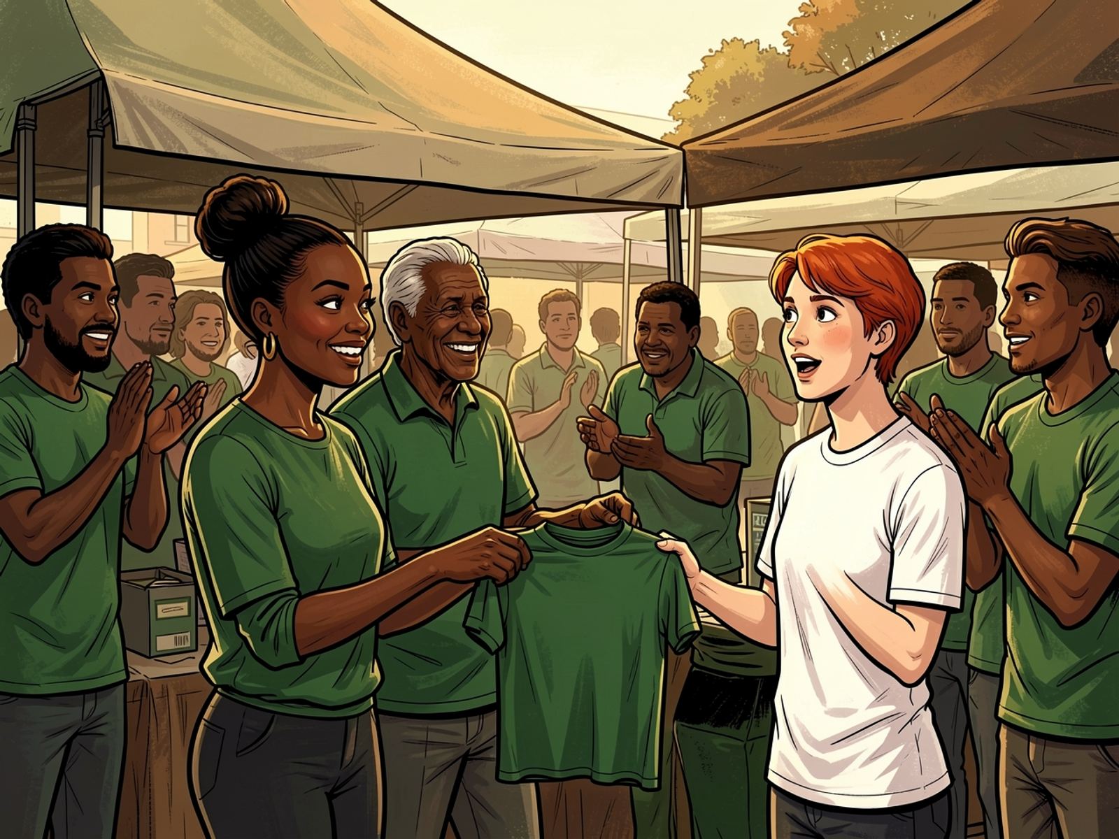 At a market stall an elderly vendor and Lerato hand a green jersey to a surprised red-haired tourist in a plain white T-shirt while passers-by applaud.