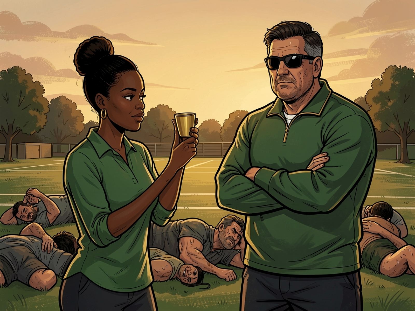 Lerato holds up a small gold cup beside Rassie, who stands with his arms folded, while the exhausted fathers lie on the grass behind them.