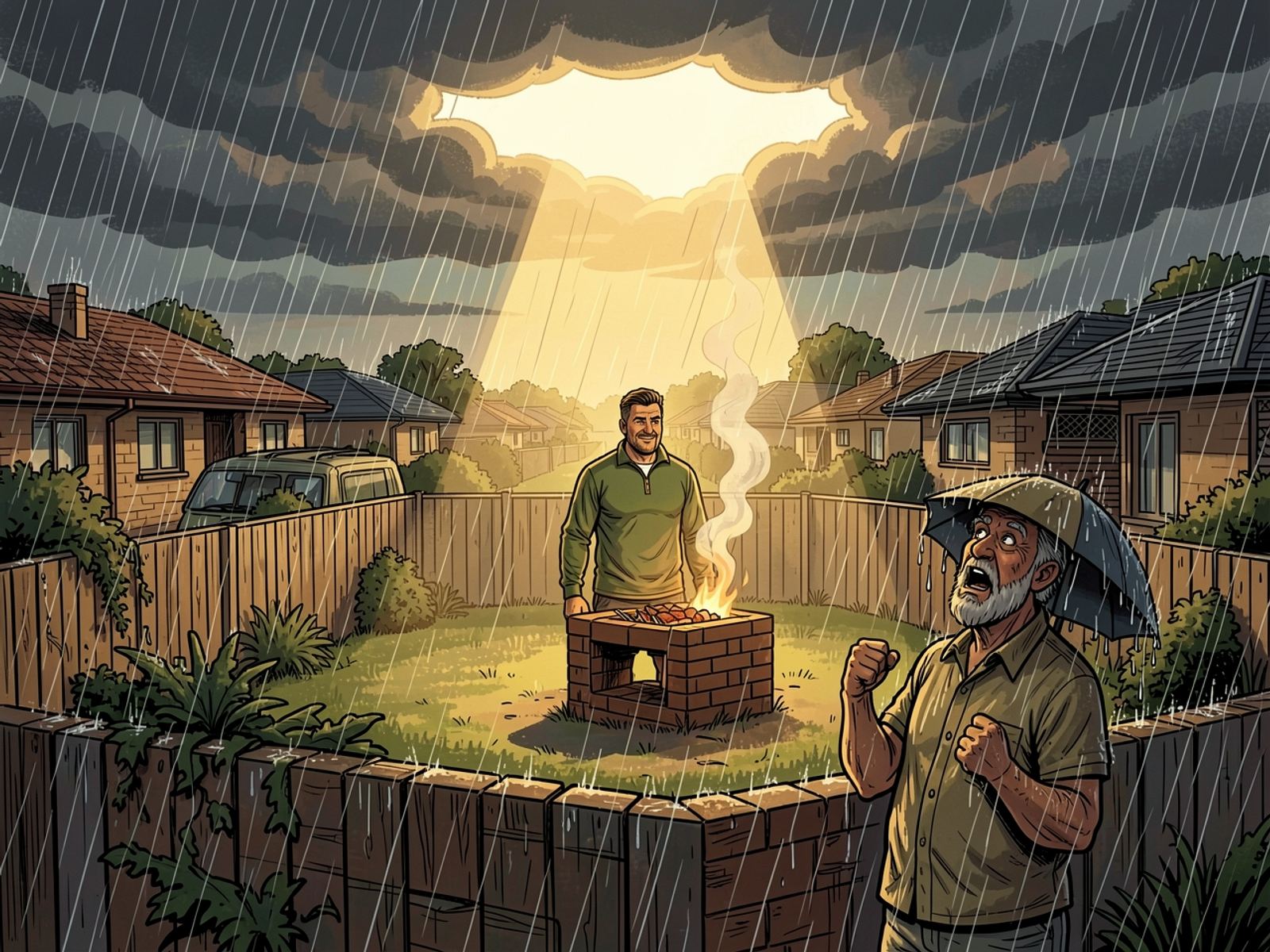 Rain pours over every house, but the clouds split in a circle above Rassie’s sunny garden. The neighbour, Oom Kallie, stands in the rain with an umbrella, stunned.