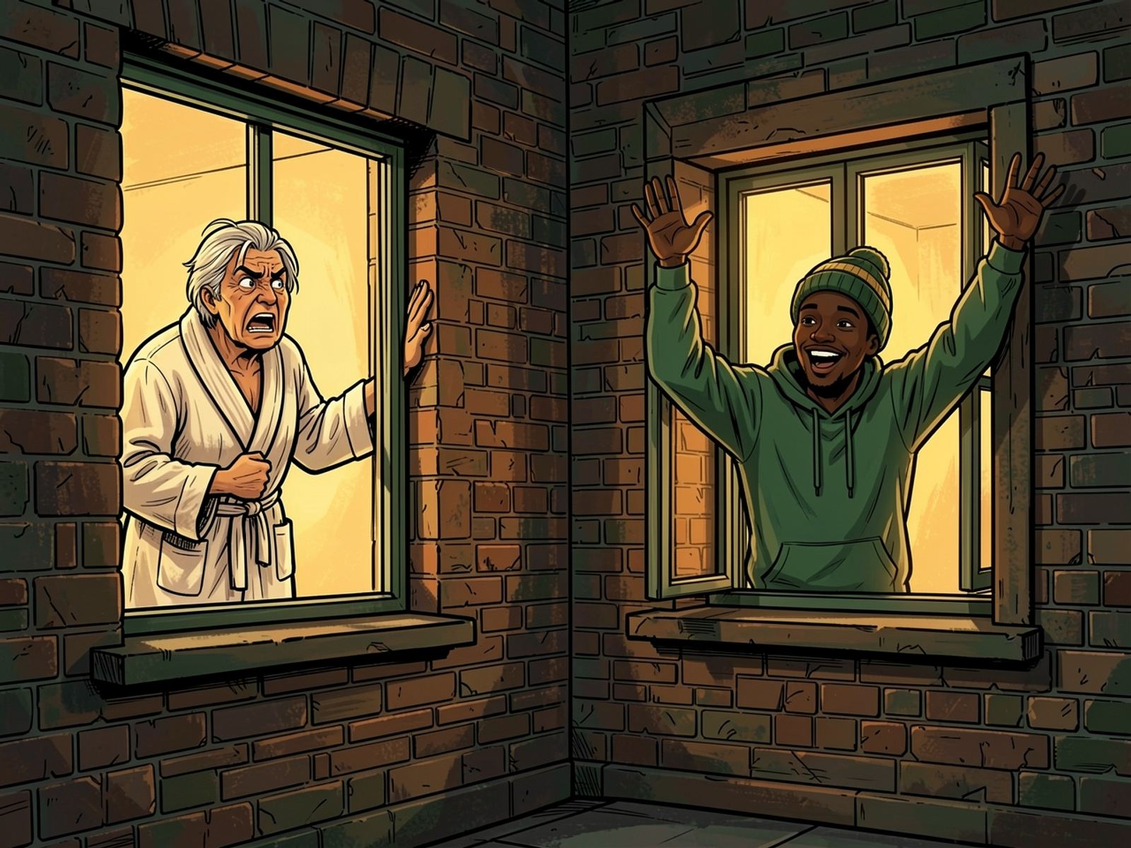 Across the street a neighbour shouts from a lit window while Thabo cheers with both arms raised.