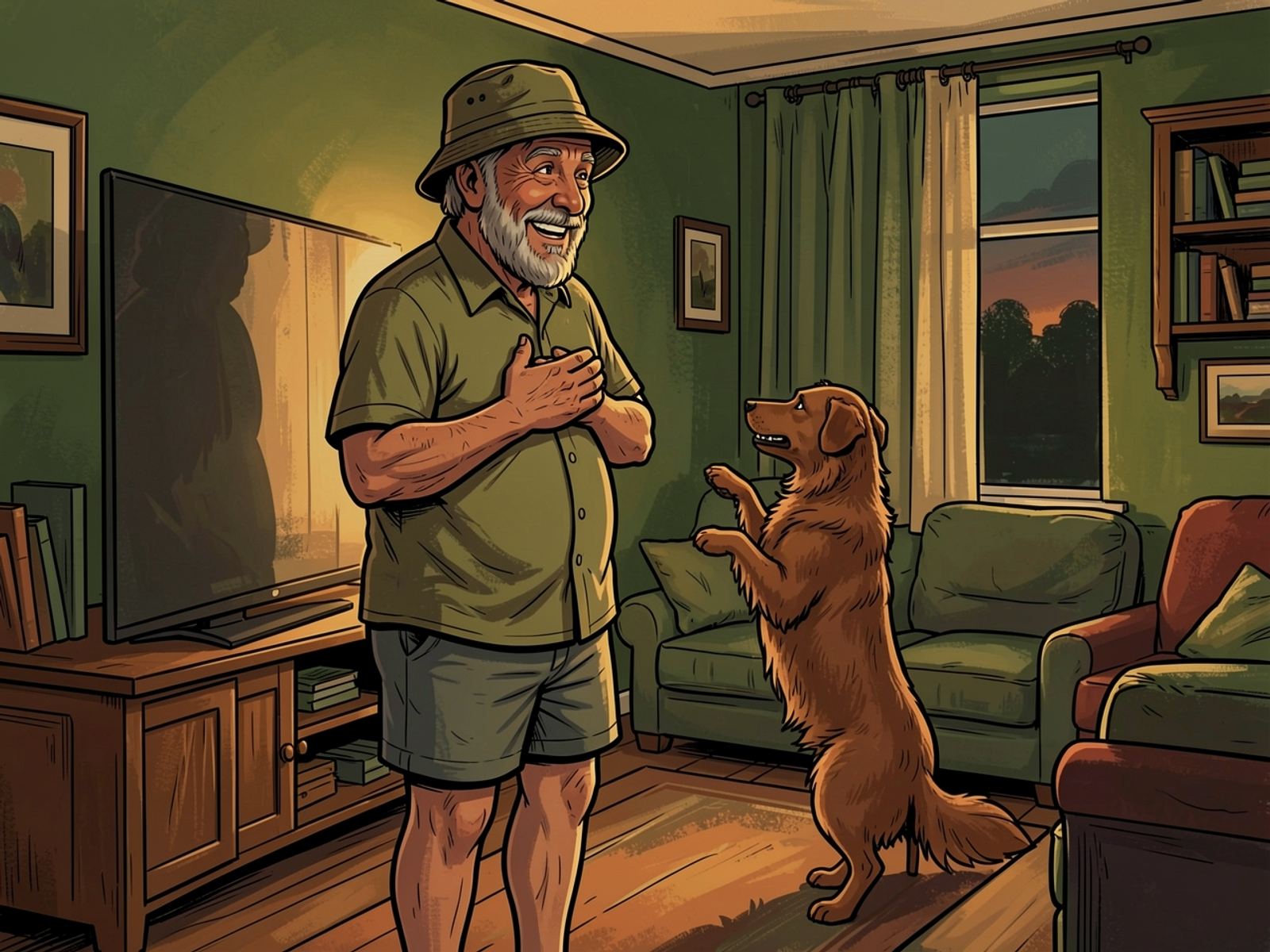 In a lounge Oom Kallie stands with his hand on his heart, and his dog stands up on its hind legs too.