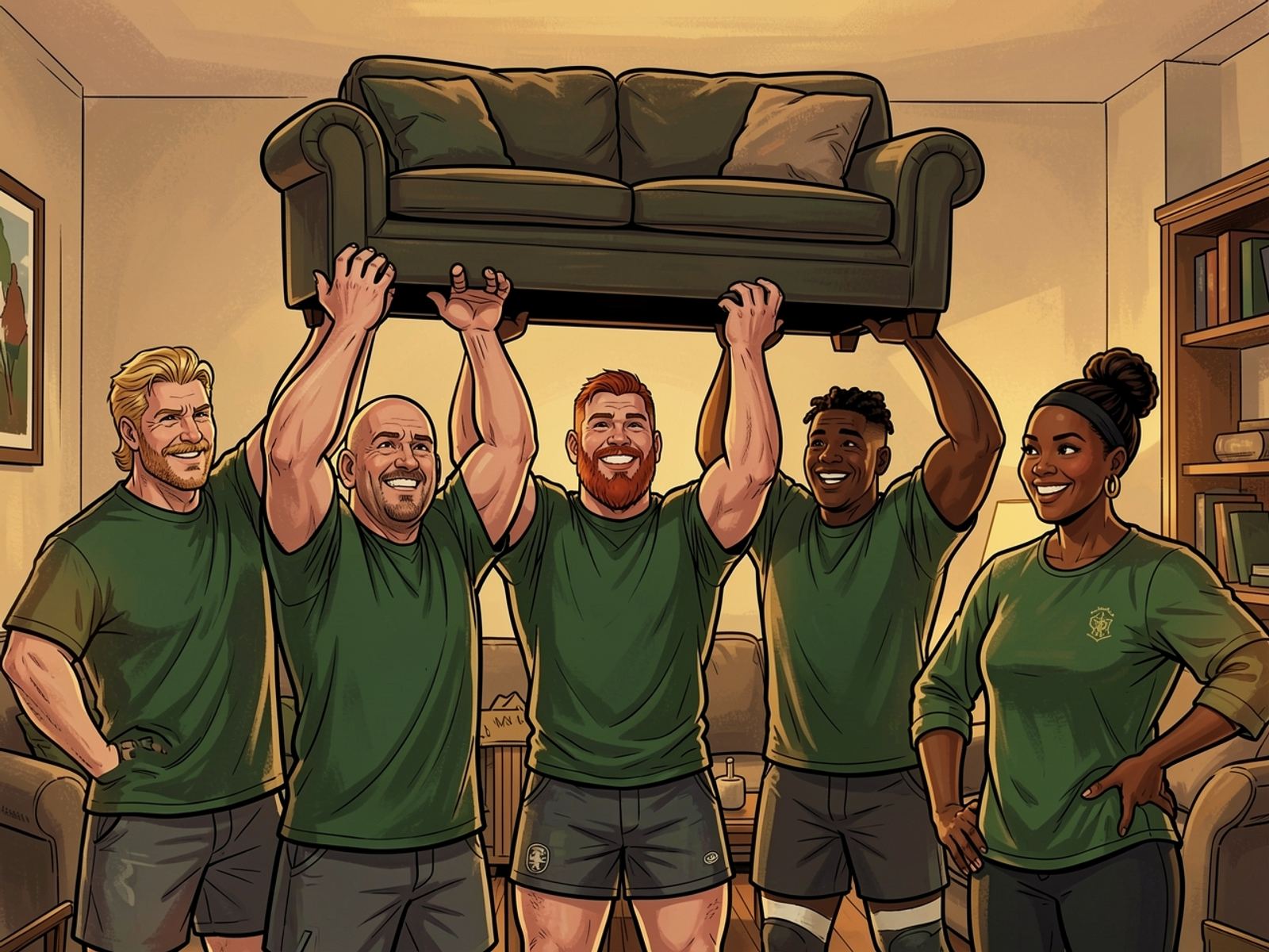 Several of the friends lift a sofa overhead with ease while Lerato stands by, delighted, hands on hips.