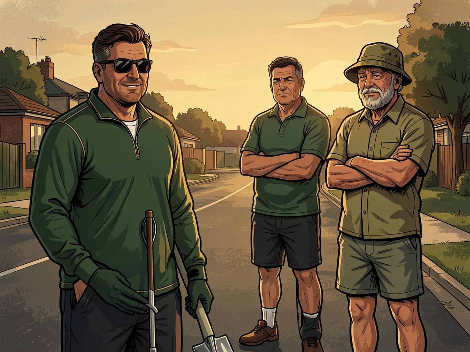 On the freshly patched road Rassie stands holding a shovel beside a neighbour and Oom Kallie, both with their arms folded, admiring the smooth tar.