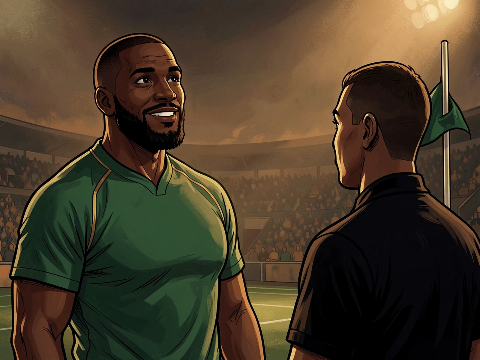 Siya glances up at the arguing coaches, then smiles calmly at the referee.