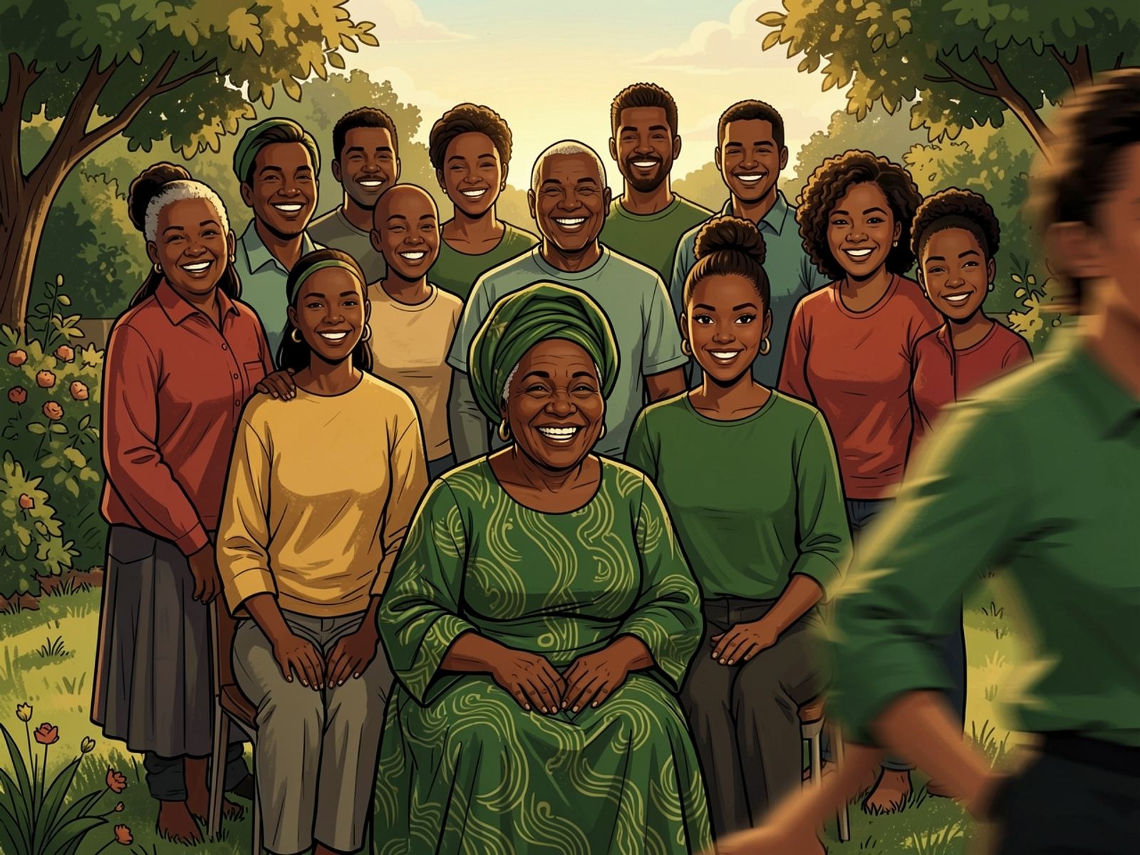 The finished photo: the whole family posed and beaming around Gogo Nomsa, with a green blur at the very edge where Rassie is still running into the shot.