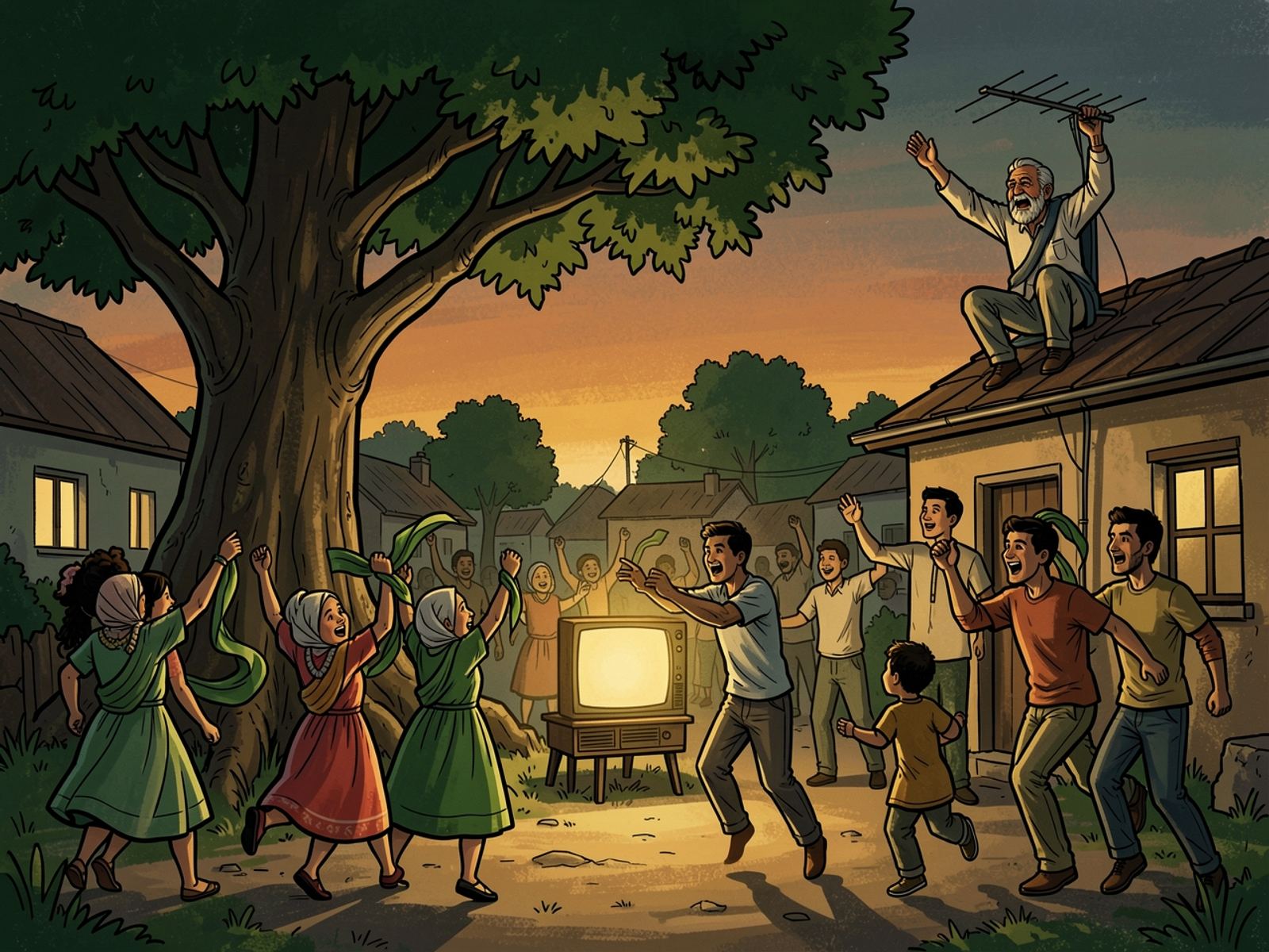 At dusk the whole village dances around the television, children on shoulders and grandmothers waving scarves, while Bra Sipho celebrates on the roof, still holding the aerial.
