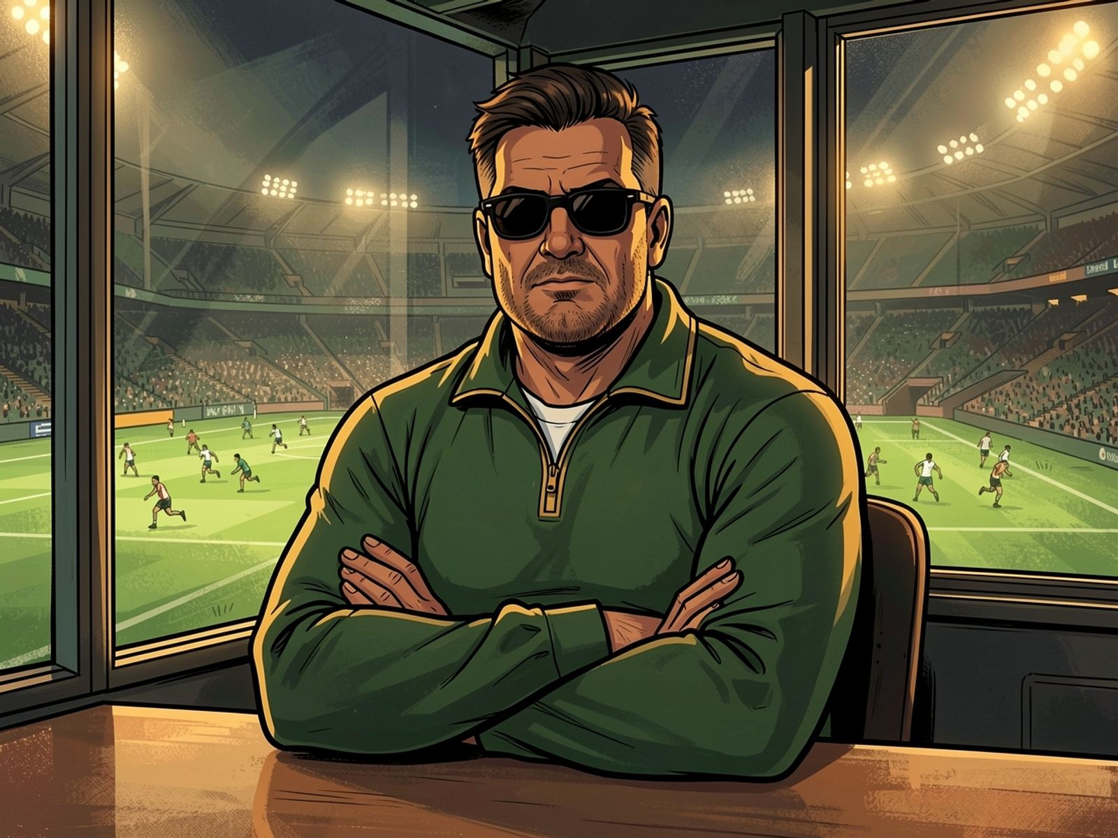 Rassie sits calmly in the coaches’ box with his arms folded as, far below through the window, the players run onto the floodlit field.