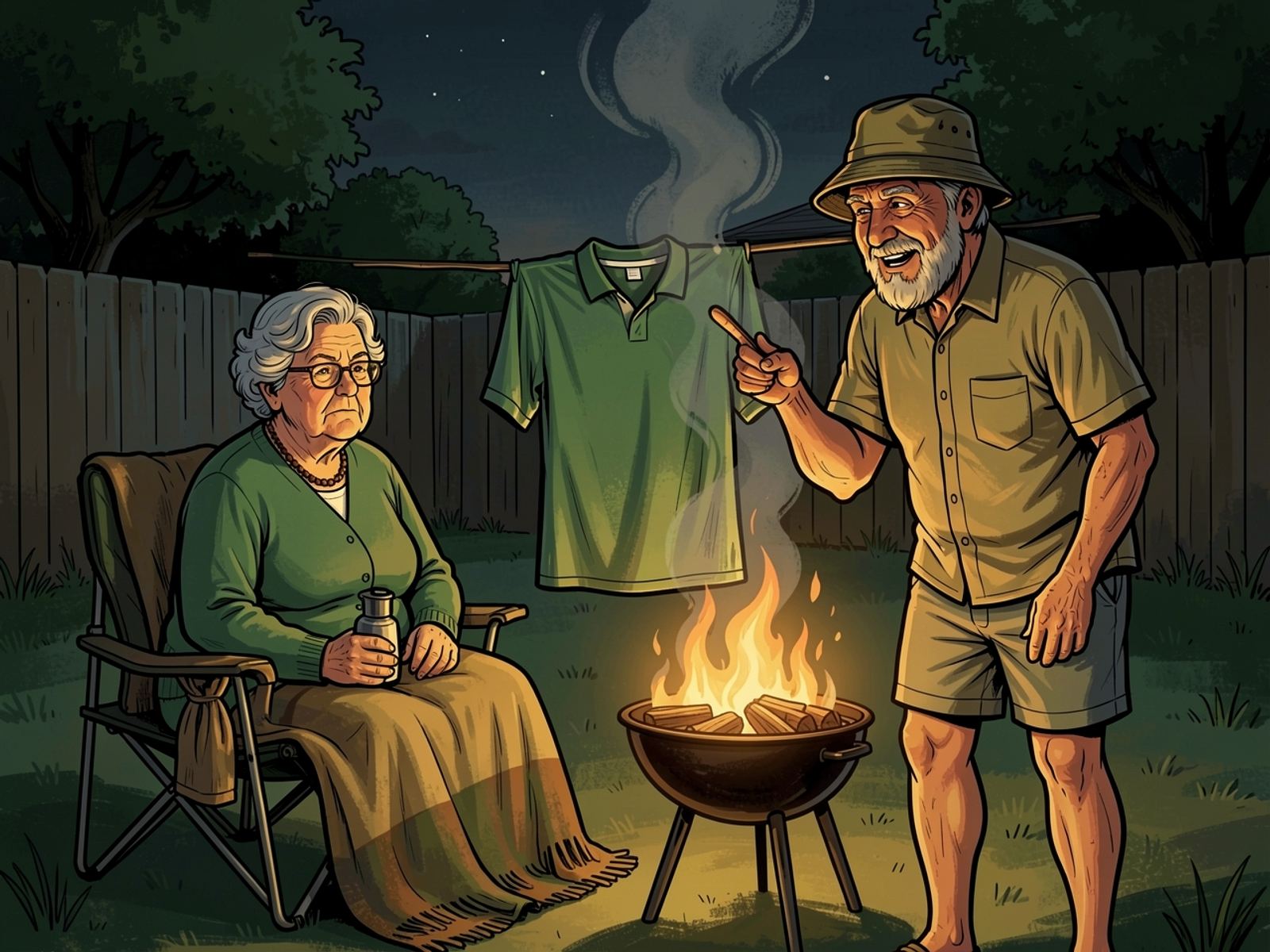 At night the clean jersey hangs over a smoking braai. Tannie Marietjie keeps watch from a camping chair with a flask while Oom Kallie fans the smoke towards it.