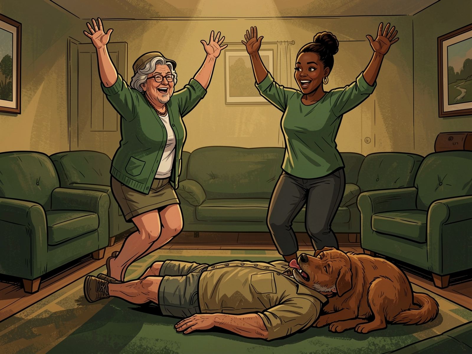 At the final whistle Tannie Marietjie and Lerato leap up cheering while Oom Kallie lies flat on the carpet, exhausted, and the dog licks his face.