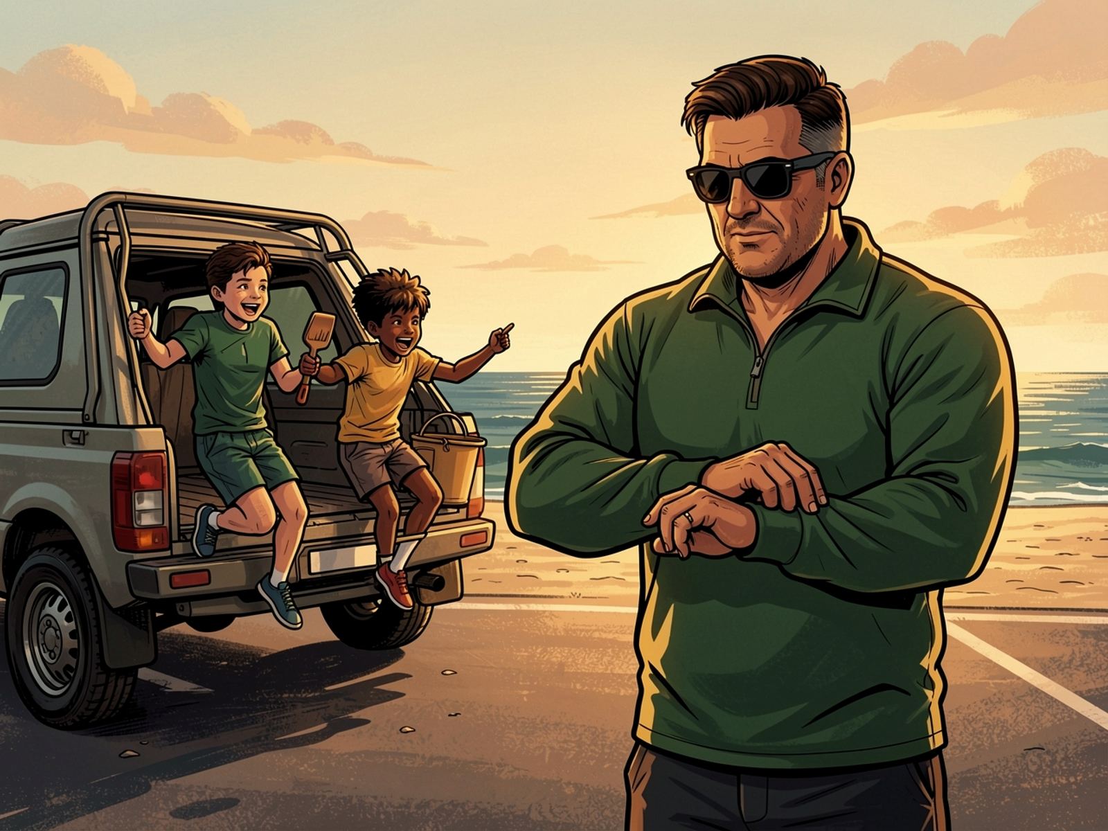 At a beach car park the children leap out of the vehicle while Rassie, in sunglasses, checks his watch, satisfied.