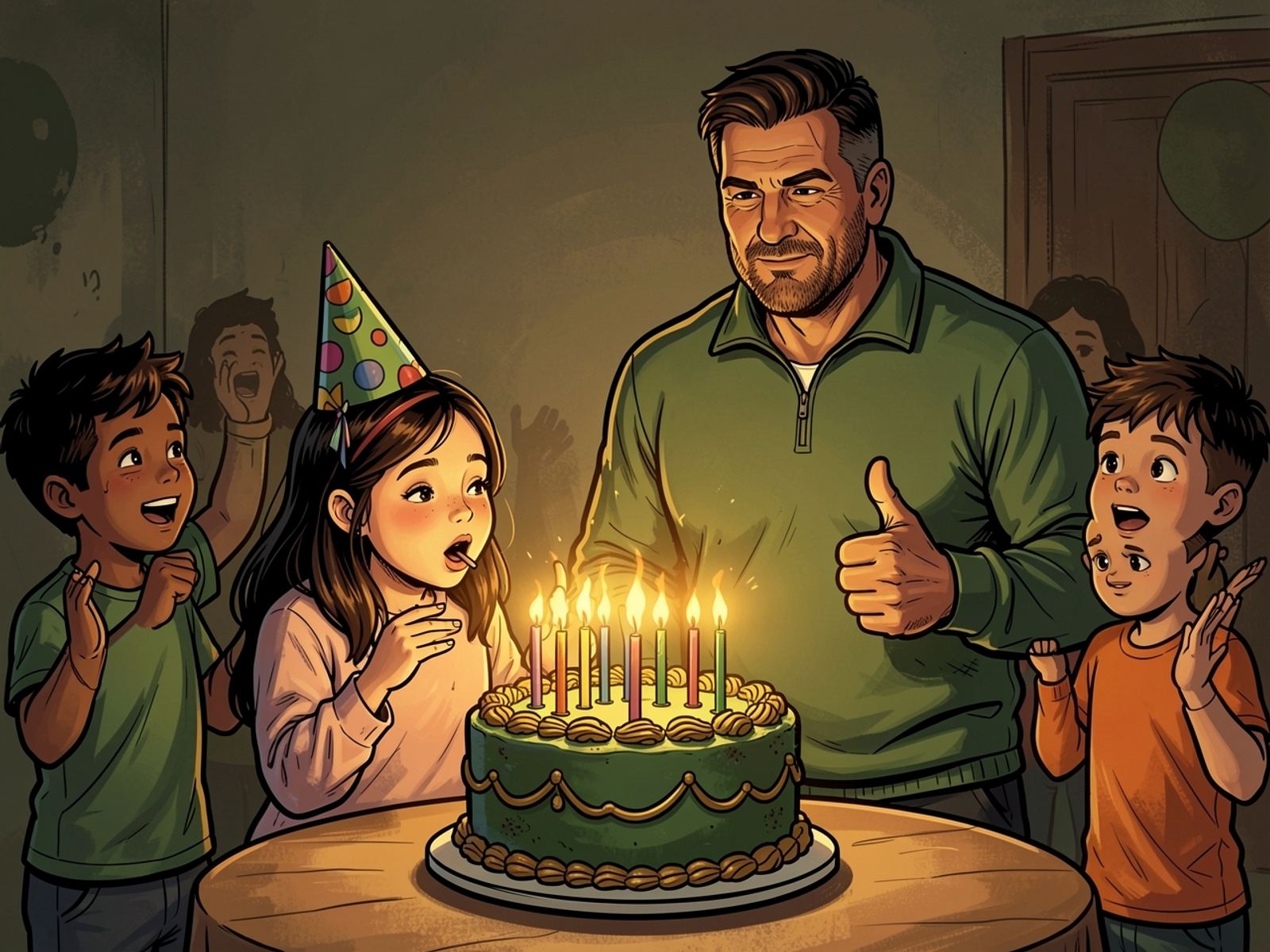 The birthday girl blows out the candles on a big cake while the other children cheer and Rassie gives a calm thumbs up.
