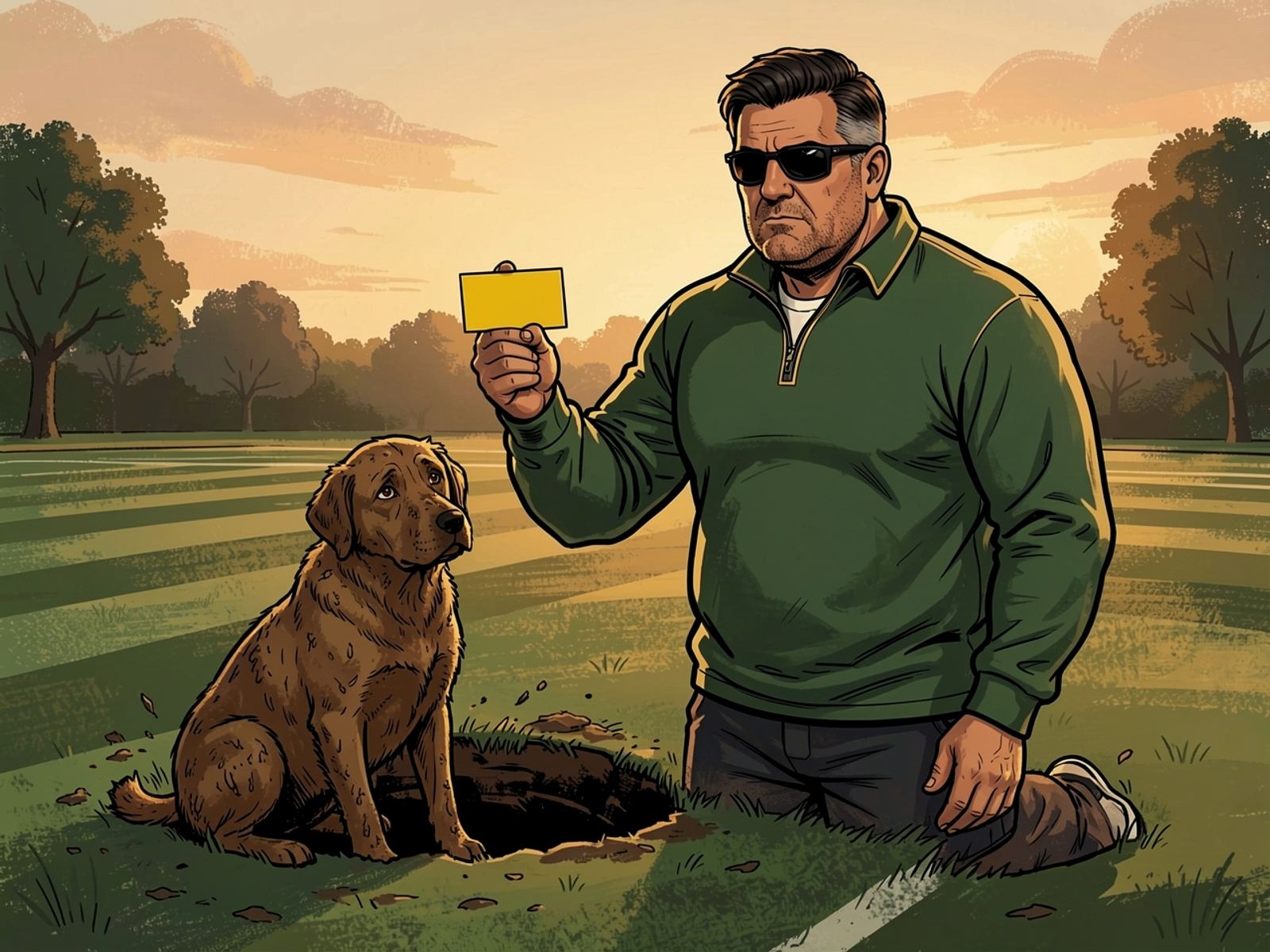 A muddy dog sits beside a fresh hole in the lawn as Rassie calmly holds up a yellow card.