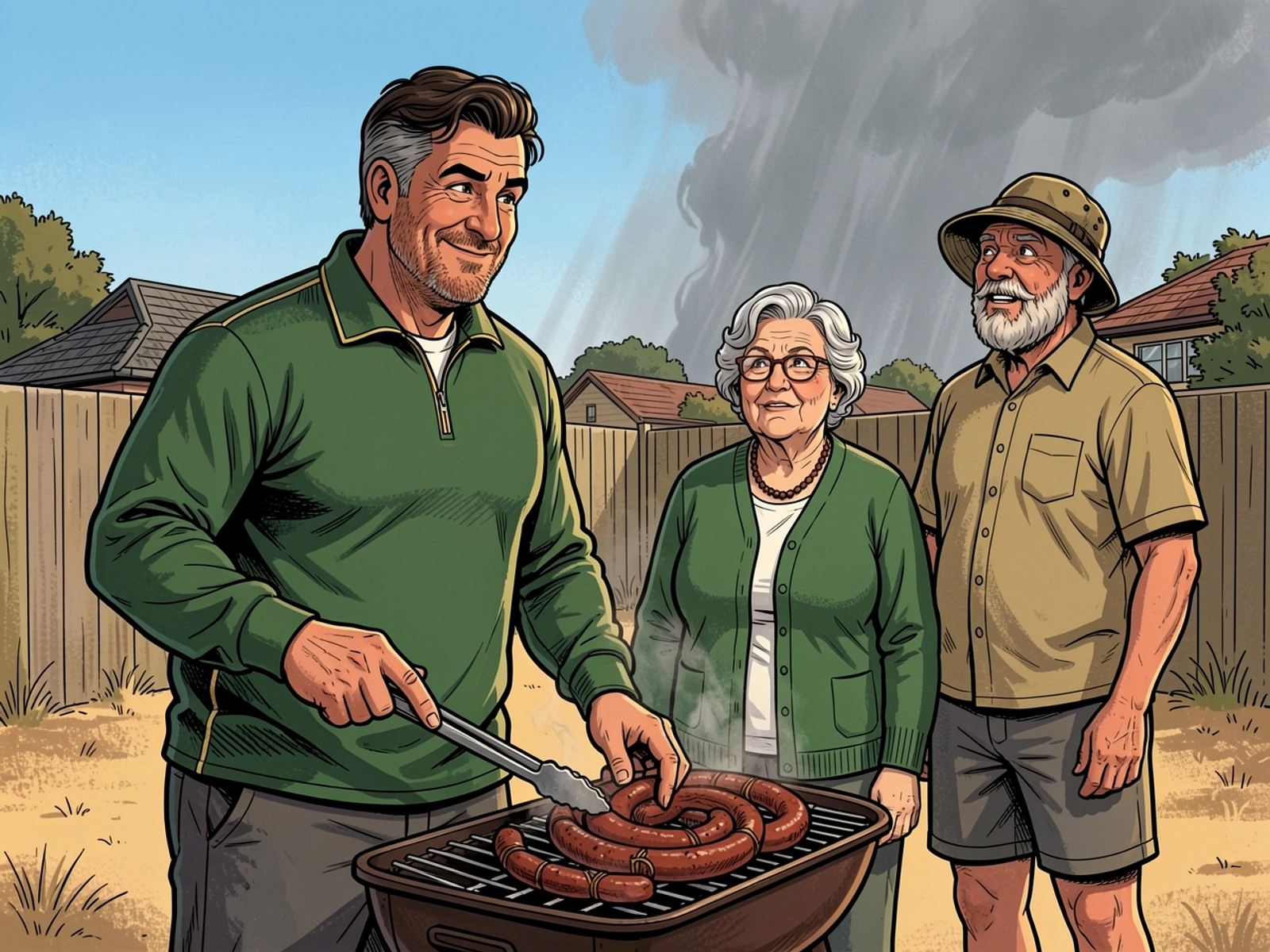 In the sunshine Rassie turns the boerewors with tongs, smiling slightly, while Tannie Marietjie and Oom Kallie stare at the sky.