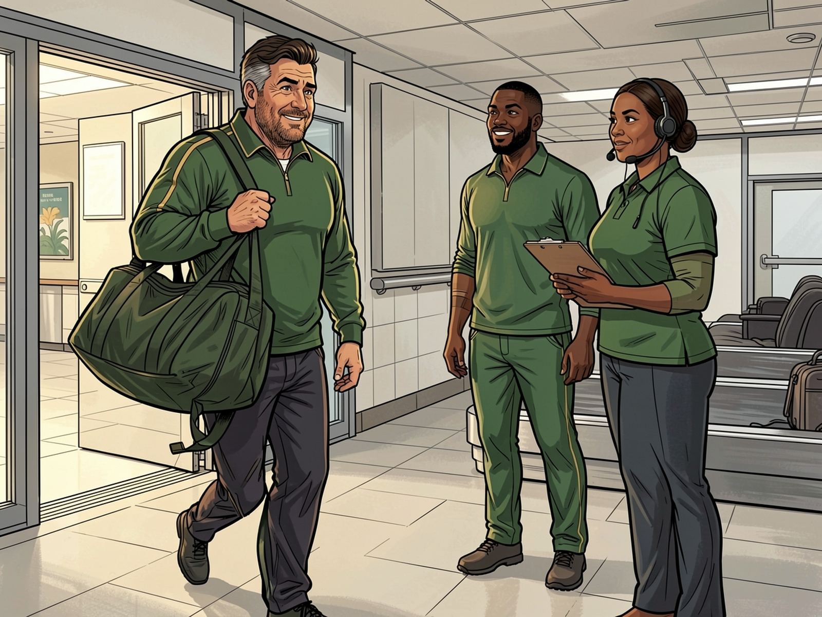 Rassie walks into the baggage hall carrying the missing green kit bag on his shoulder, relaxed, with a small smile.