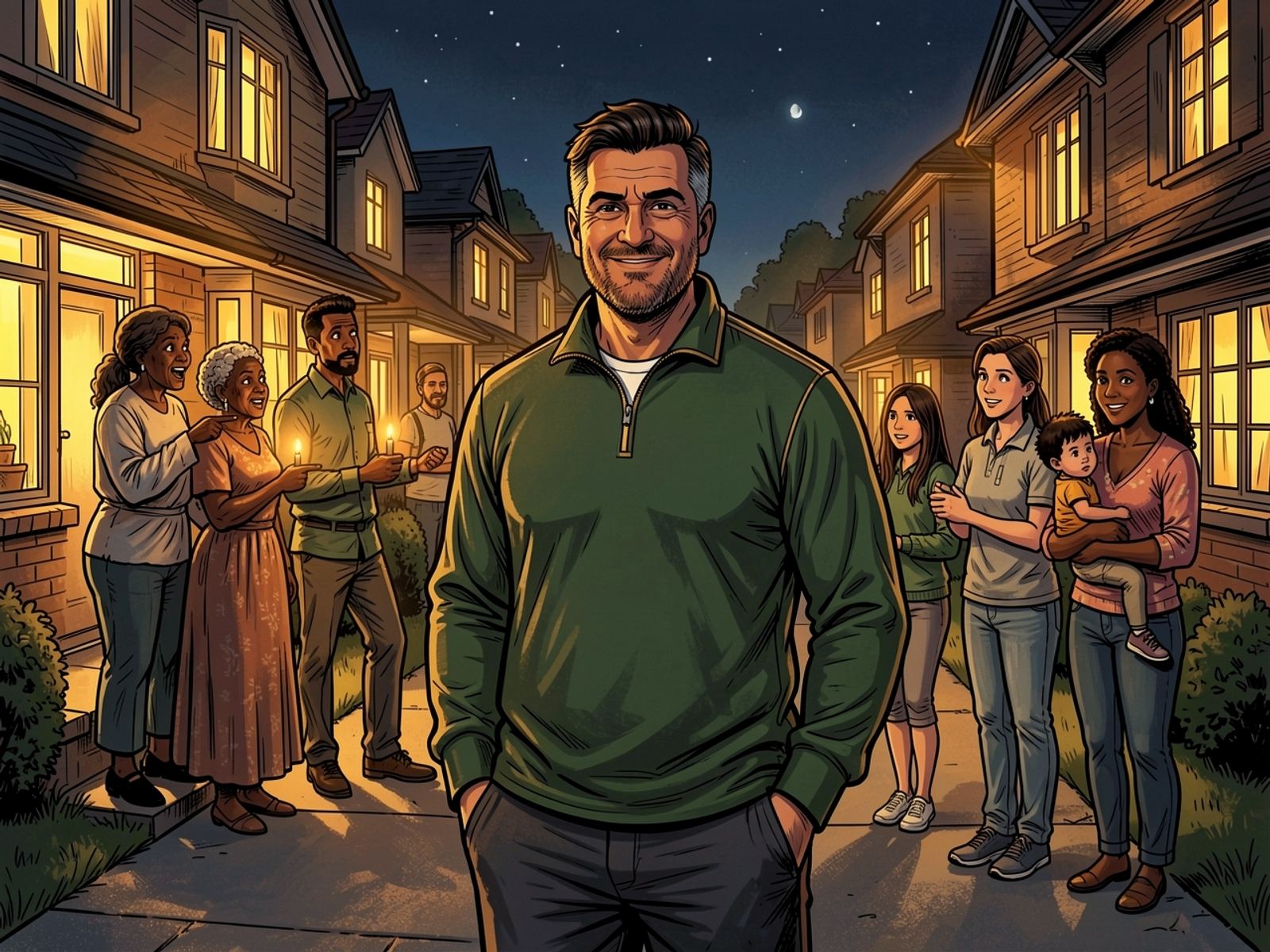 Every house on the street lights up at once. Neighbours step outside, amazed, while Rassie stands on his stoep with a small satisfied smile.