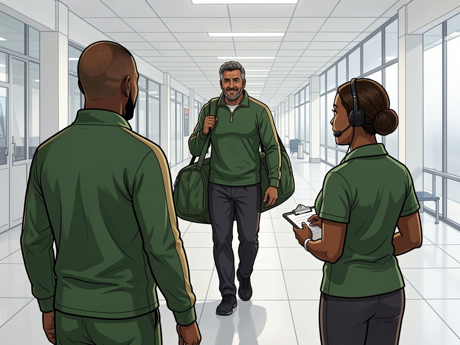 Rassie strolls down the airport concourse with the kit bag over his shoulder and a knowing smile, while Siya and the Team Manager watch him, baffled.