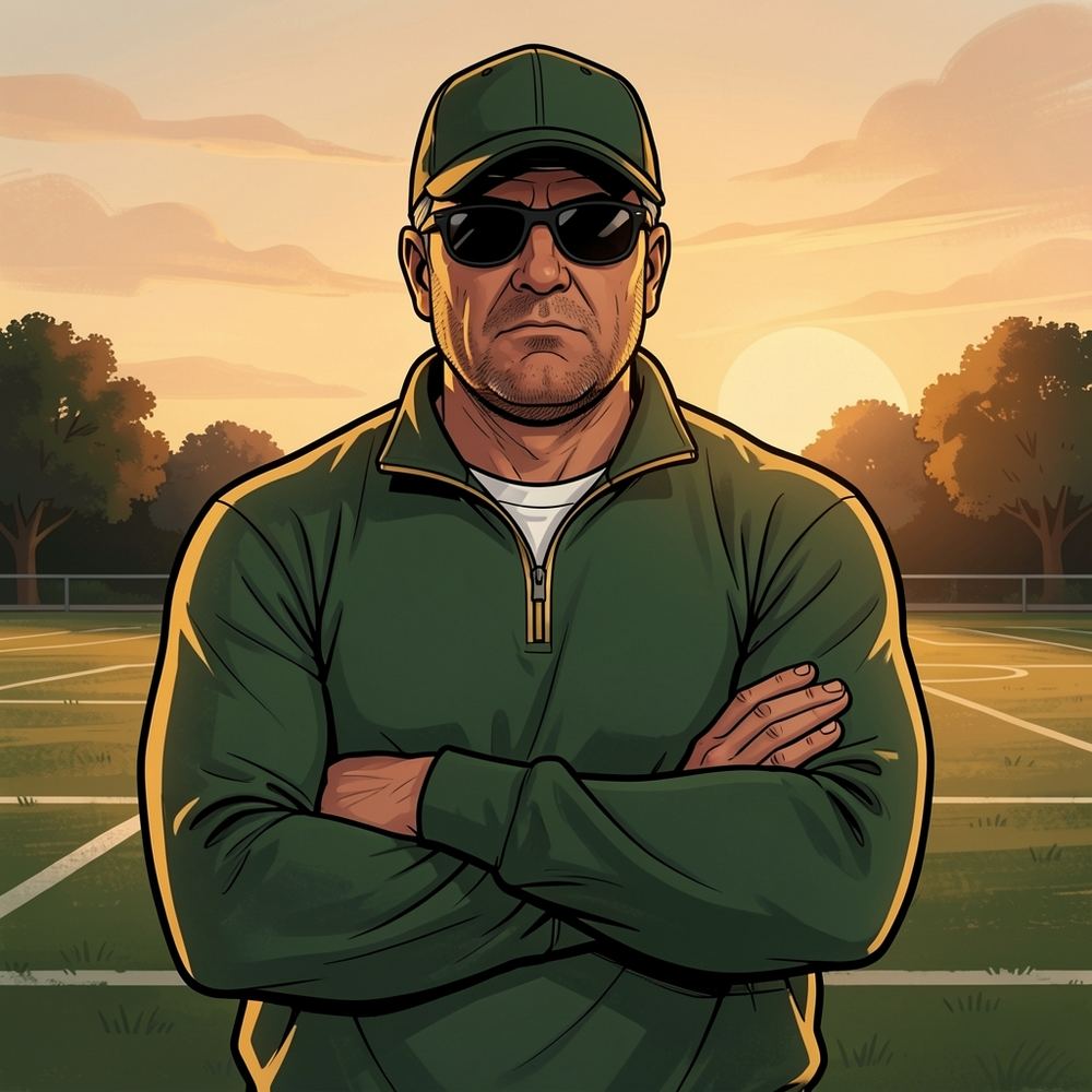 Illustrated portrait of Rassie in a green cap and dark glasses, arms crossed on a training field.