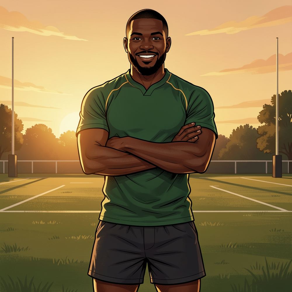 Illustrated portrait of Siya, the captain, smiling with his arms folded on a training field at sunset.