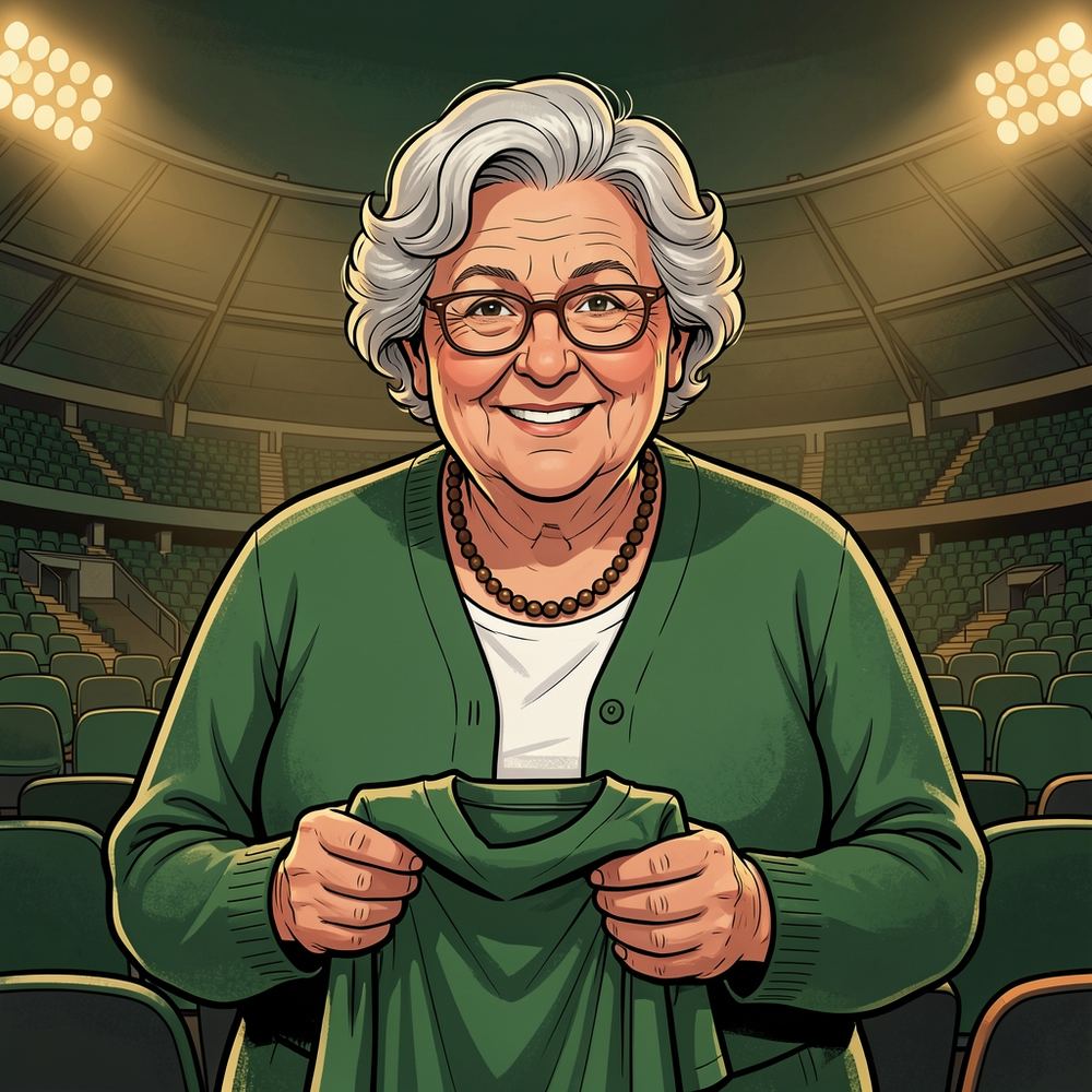 Illustrated portrait of Tannie Marietjie, a smiling grandmother with silver curls and glasses, holding a green jersey in a stadium.