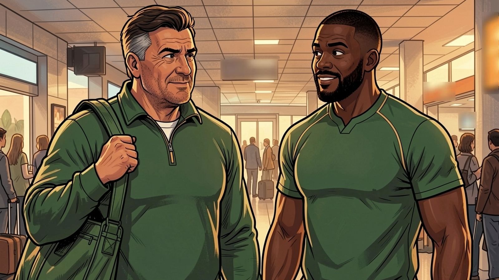 Rassie, with a green kit bag over his shoulder, and Siya walk through an airport together.