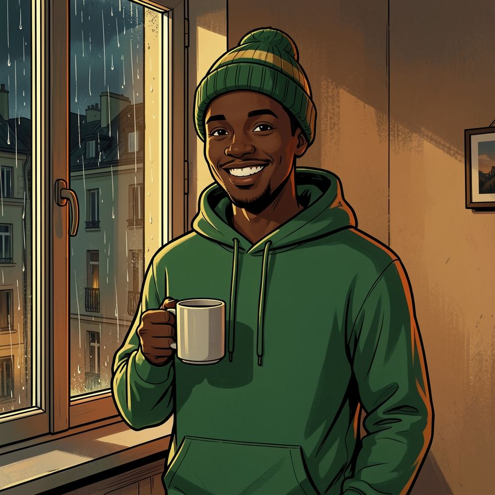Illustrated portrait of Thabo in a green beanie with a gold stripe, grinning with a mug by a rainy window.