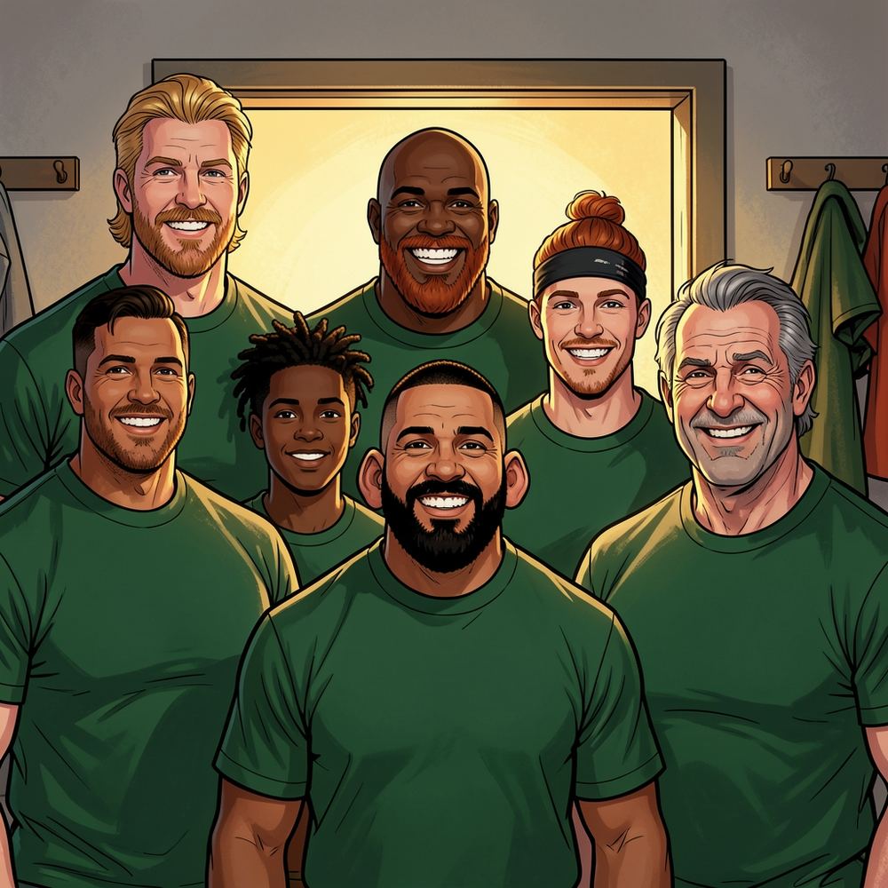 Illustrated portrait of the Bomb Squad: seven very different big forwards in green T-shirts, grinning in front of a glowing doorway.
