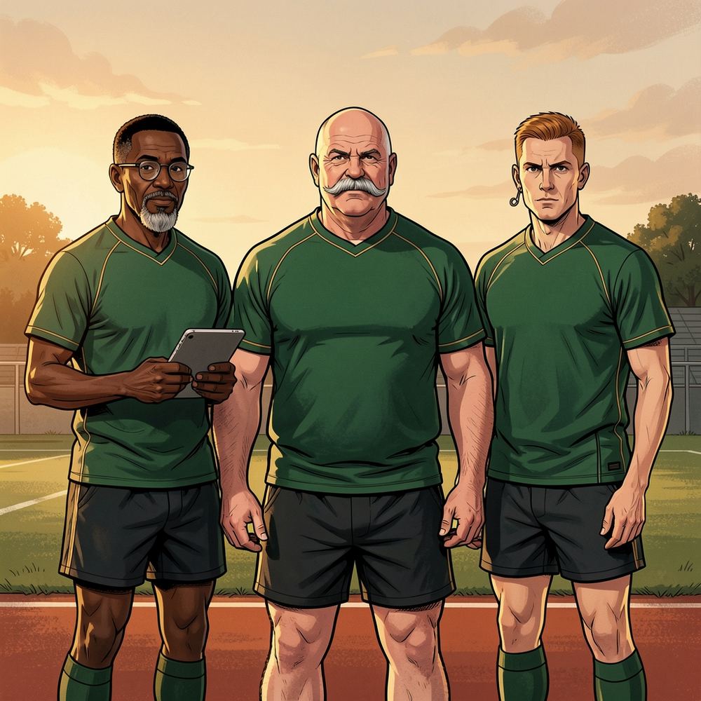 Illustrated portrait of three assistant coaches in green: a grey-bearded man with glasses and a tablet, a big bald man with a moustache and a ginger-haired man with a headset.