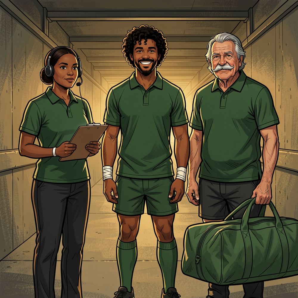 Illustrated portrait of a team manager with a headset and clipboard, a smiling physio with taped wrists and a moustached kit manager holding a green kit bag.